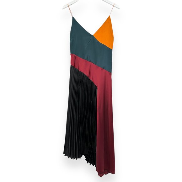 ASOS Color Blocked Pleated Skirt Satin Midi Dress - Picture 1 of 10